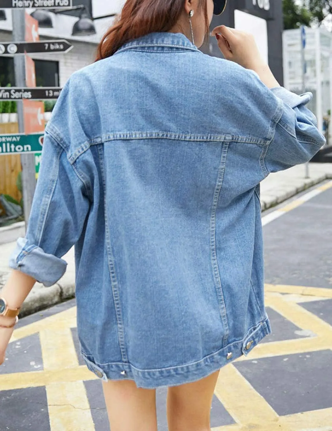 Gozoloma Women's Casual Loose Oversized Denim Jacket Long Sleeved Button Jean Jacket Coat Tops
