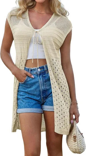 GRACE KARIN Womens Summer Sleeveless Cardigan Vest Lightweight Crochet Cardigan Casual Tie Front Beach Kimono Cardigans