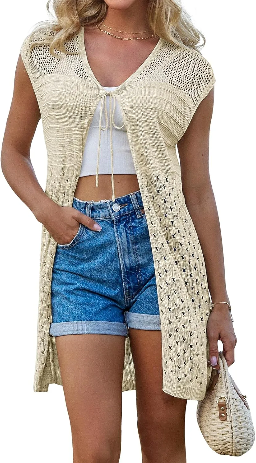 GRACE KARIN Womens Summer Sleeveless Cardigan Vest Lightweight Crochet Cardigan Casual Tie Front Beach Kimono Cardigans