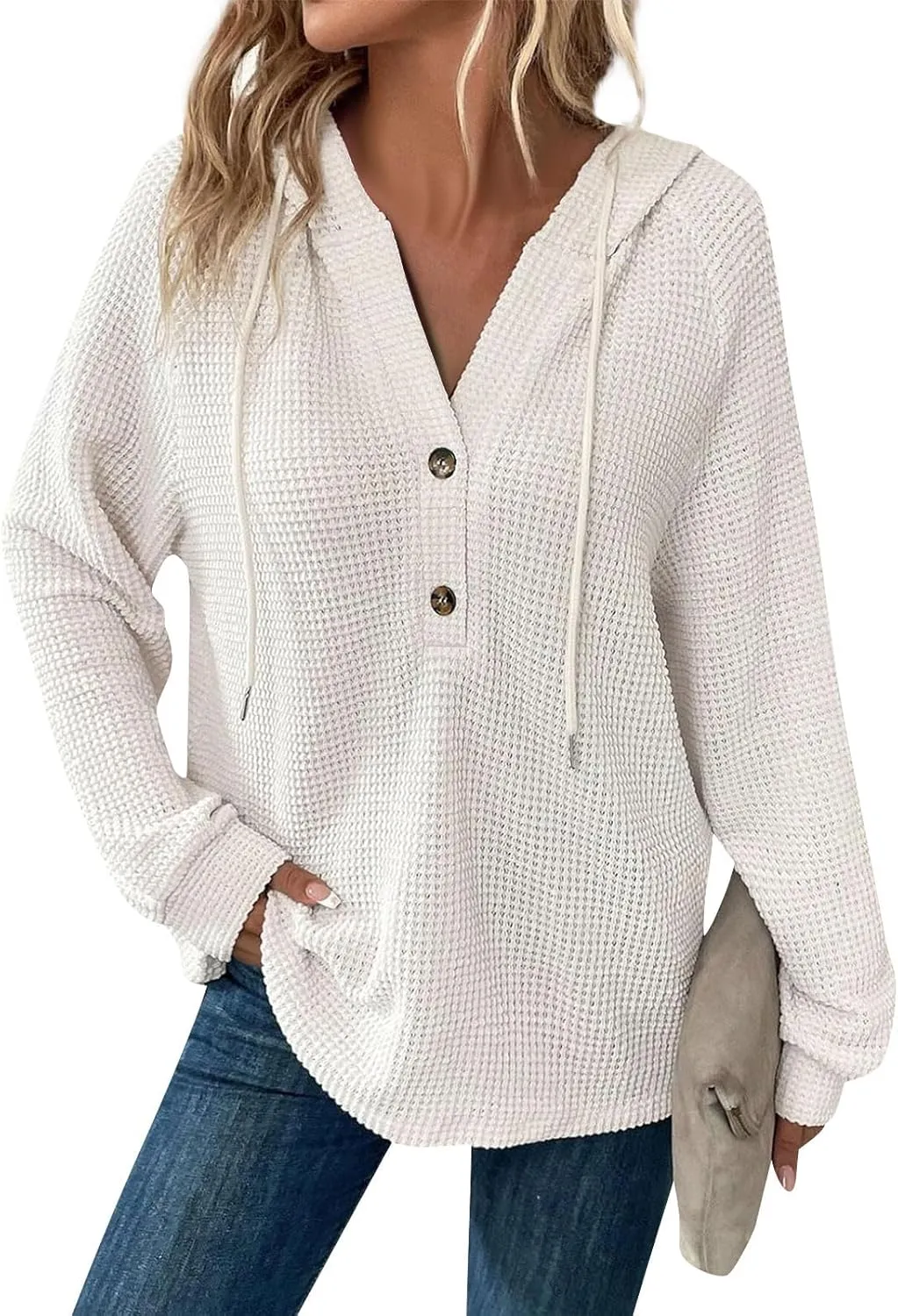 Gumipy Long Sleeve Shirts for Women Waffle V Neck Button Up Shirts Trendy Oversized Hoodies Tshirts Spring Casual Tunic Tops