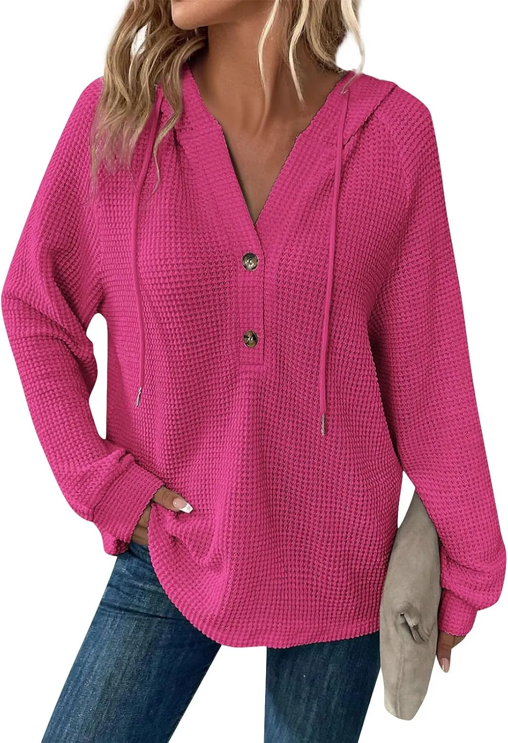 Gumipy Long Sleeve Shirts for Women Waffle V Neck Button Up Shirts Trendy Oversized Hoodies Tshirts Spring Casual Tunic Tops
