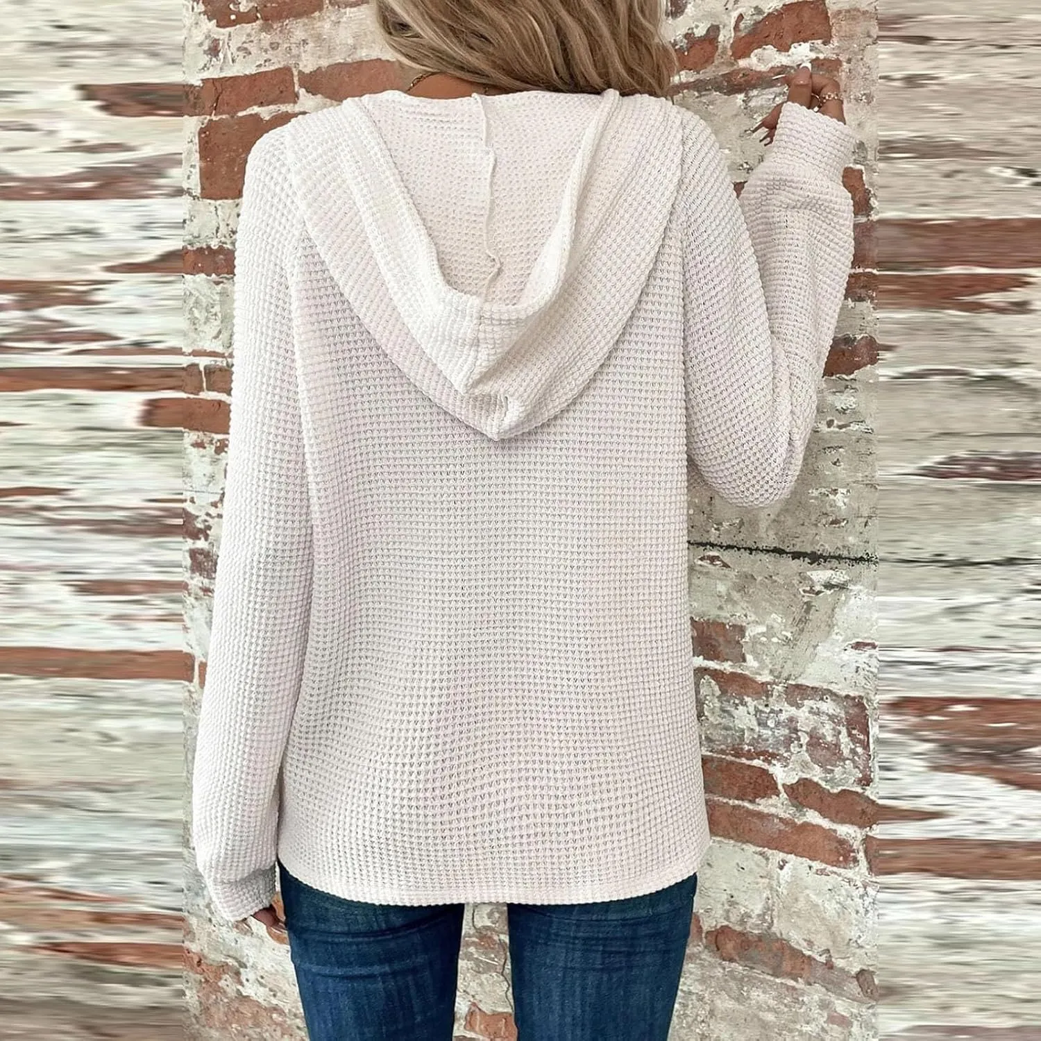 Gumipy Long Sleeve Shirts for Women Waffle V Neck Button Up Shirts Trendy Oversized Hoodies Tshirts Spring Casual Tunic Tops