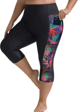 Hanna Nikole Womens Plus Size Capri Swim Pants High Waisted Swim Shorts Swimming Leggings with Pockets