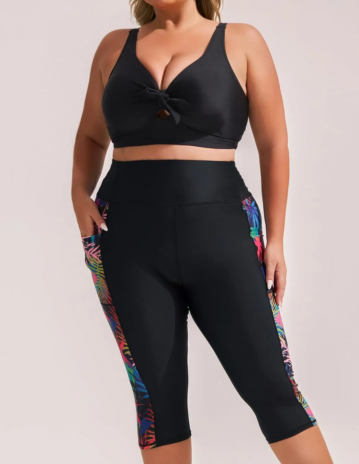 Hanna Nikole Womens Plus Size Capri Swim Pants High Waisted Swim Shorts Swimming Leggings with Pockets
