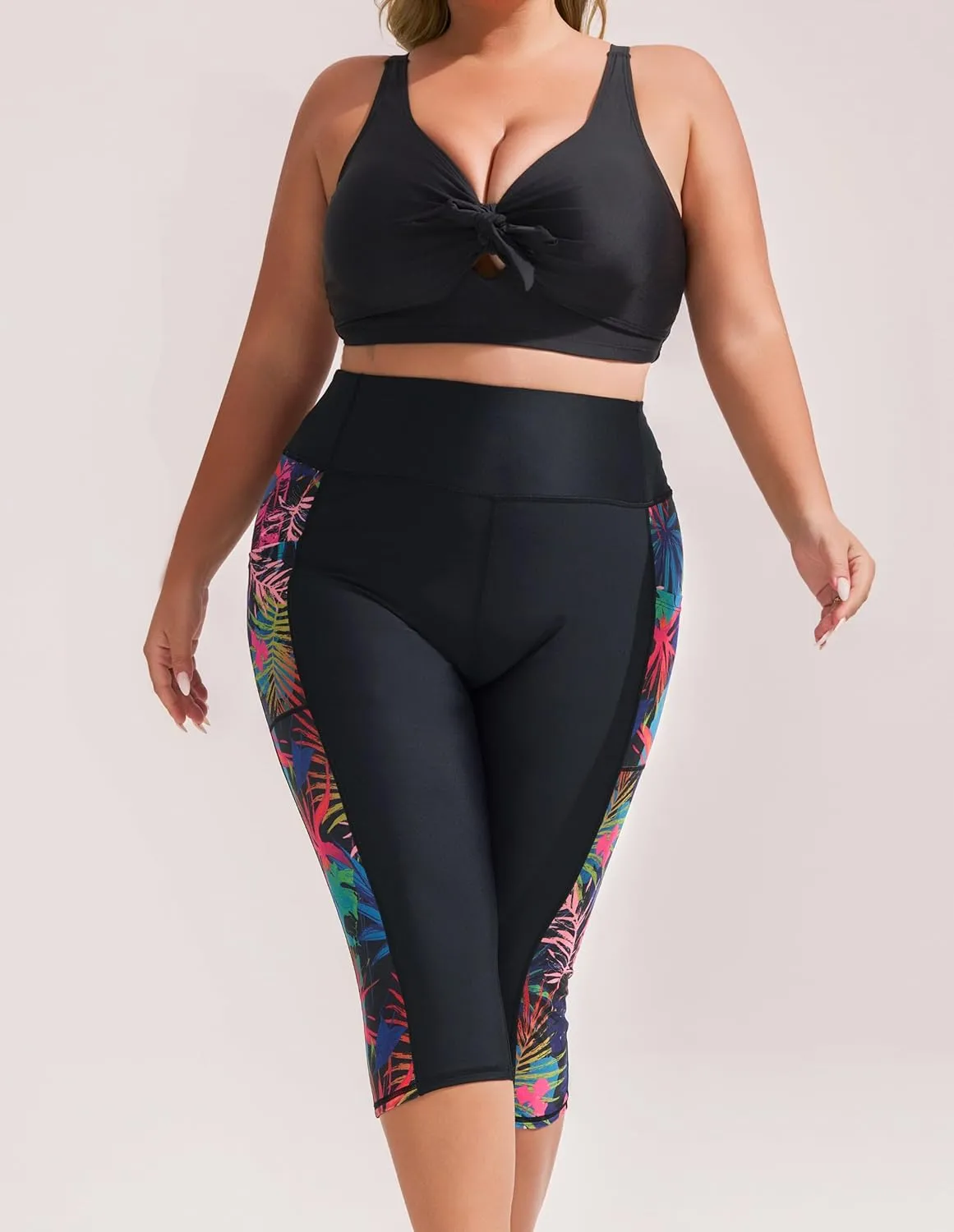 Hanna Nikole Womens Plus Size Capri Swim Pants High Waisted Swim Shorts Swimming Leggings with Pockets