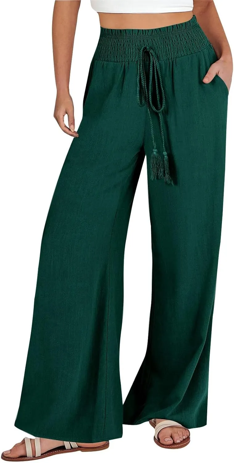 High Waisted Linen Pants Women Elastic Waist Drawstring Wide Leg Pants Summer Casual Baggy Pants Trousers with Pockets