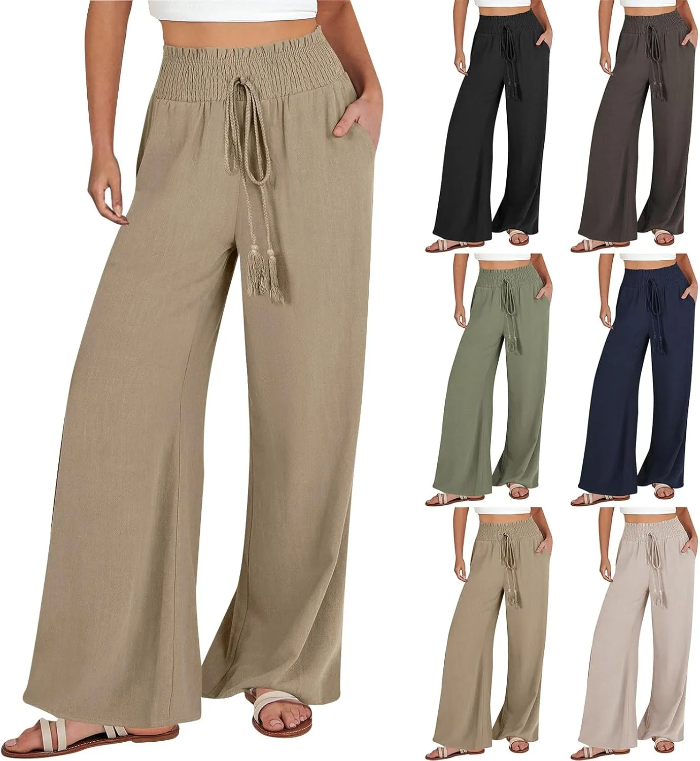 High Waisted Linen Pants Women Elastic Waist Drawstring Wide Leg Pants Summer Casual Baggy Pants Trousers with Pockets