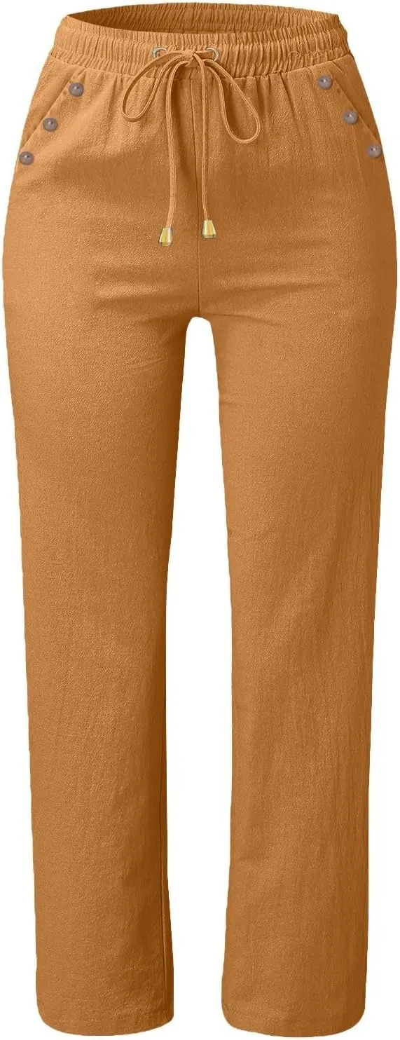 High Waisted Linen Pants Women Summer Boho Cotton Palazzo Pants Casual Summer Wide Leg Flowy Beach Pants with Pockets