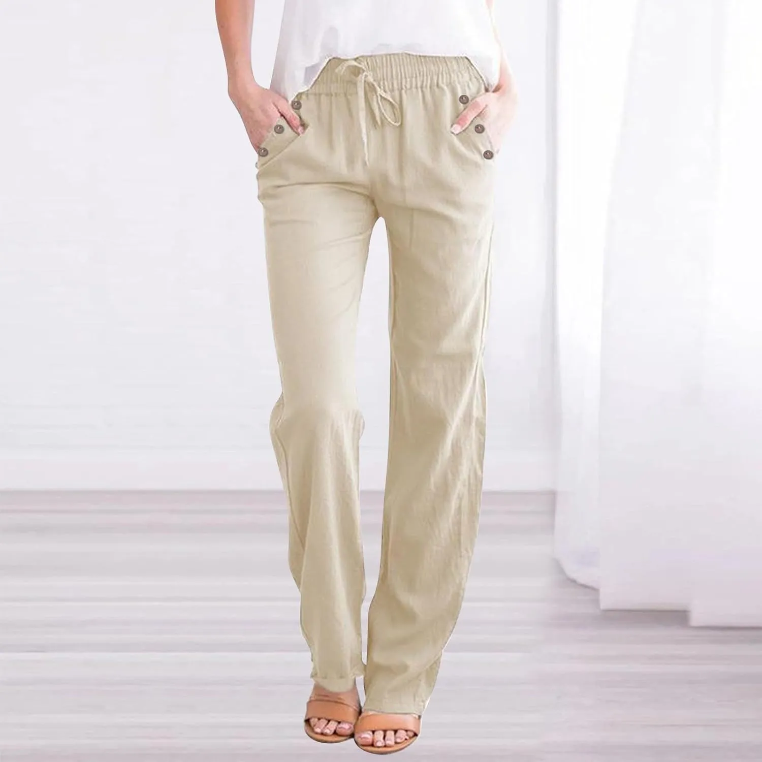 High Waisted Linen Pants Women Summer Boho Cotton Palazzo Pants Casual Summer Wide Leg Flowy Beach Pants with Pockets