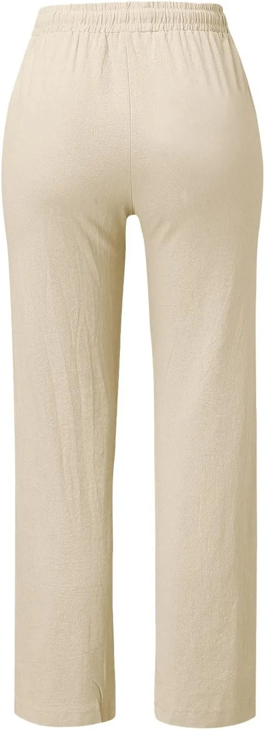 High Waisted Linen Pants Women Summer Boho Cotton Palazzo Pants Casual Summer Wide Leg Flowy Beach Pants with Pockets