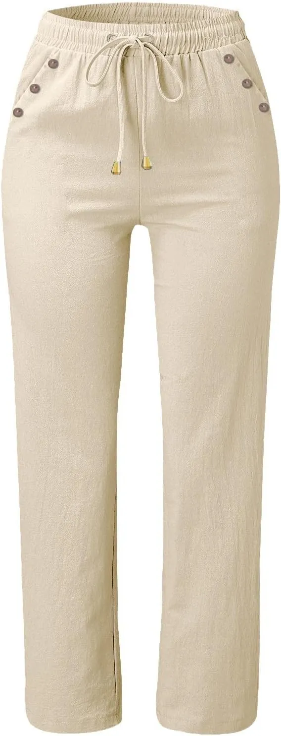 High Waisted Linen Pants Women Summer Boho Cotton Palazzo Pants Casual Summer Wide Leg Flowy Beach Pants with Pockets
