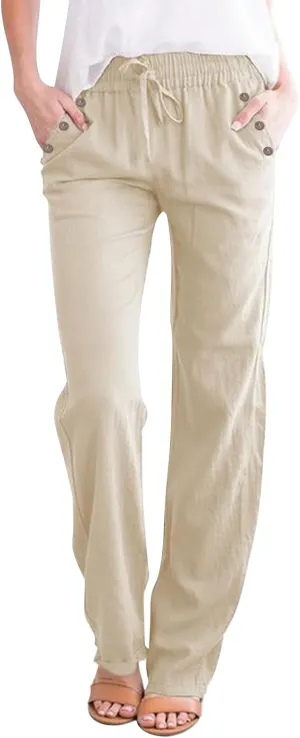 High Waisted Linen Pants Women Summer Boho Cotton Palazzo Pants Casual Summer Wide Leg Flowy Beach Pants with Pockets