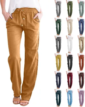 High Waisted Linen Pants Women Summer Boho Cotton Palazzo Pants Casual Summer Wide Leg Flowy Beach Pants with Pockets