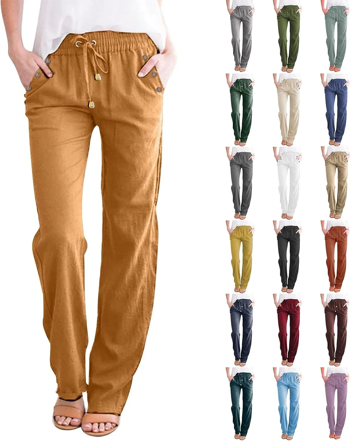 High Waisted Linen Pants Women Summer Boho Cotton Palazzo Pants Casual Summer Wide Leg Flowy Beach Pants with Pockets