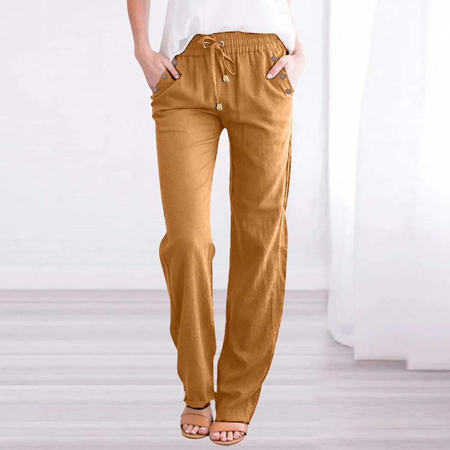 High Waisted Linen Pants Women Summer Boho Cotton Palazzo Pants Casual Summer Wide Leg Flowy Beach Pants with Pockets