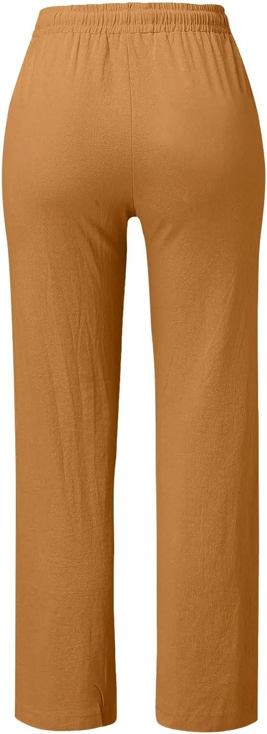 High Waisted Linen Pants Women Summer Boho Cotton Palazzo Pants Casual Summer Wide Leg Flowy Beach Pants with Pockets
