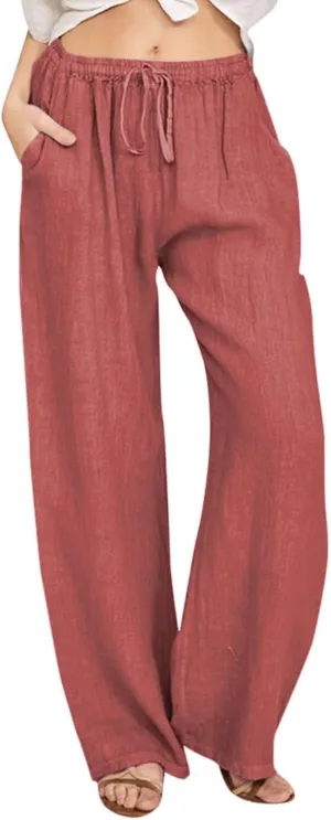 High Waisted Linen Pants Women Summer Casual Cotton Palazzo Pants Loose Fit Lightweight Wide Leg Pants with Pockets
