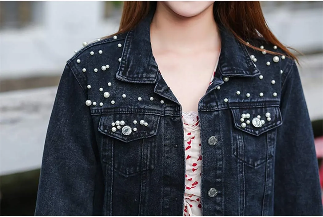 Hixiaohe Women Loose Embroidered Pearls Beading Cropped Denim Jacket Jean Coat