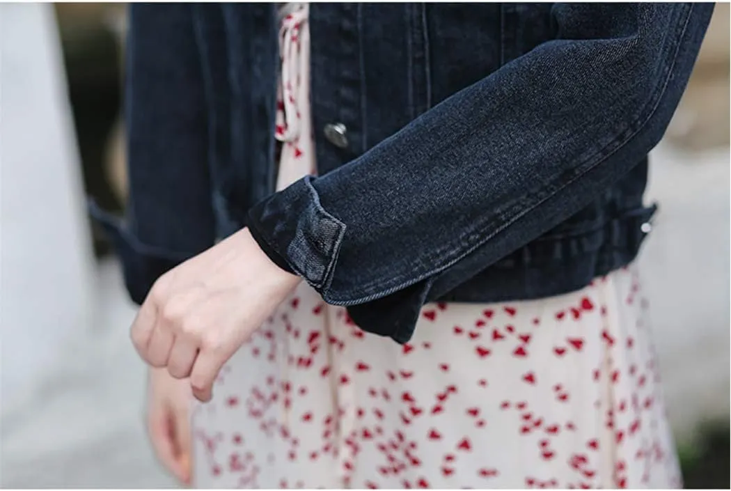 Hixiaohe Women Loose Embroidered Pearls Beading Cropped Denim Jacket Jean Coat