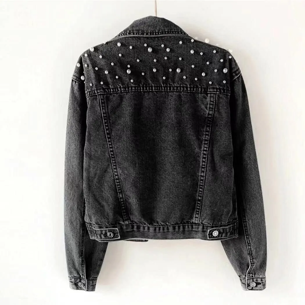Hixiaohe Women Loose Embroidered Pearls Beading Cropped Denim Jacket Jean Coat