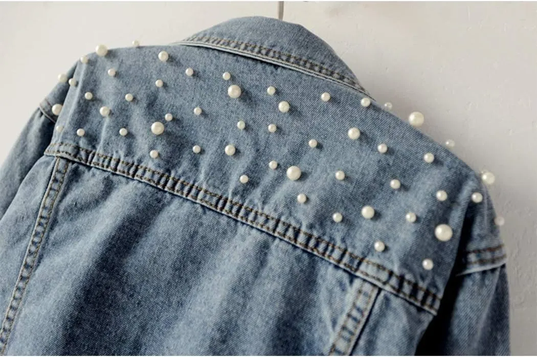 Hixiaohe Women Loose Embroidered Pearls Beading Cropped Denim Jacket Jean Coat