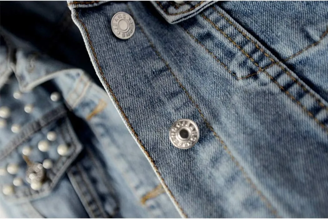 Hixiaohe Women Loose Embroidered Pearls Beading Cropped Denim Jacket Jean Coat
