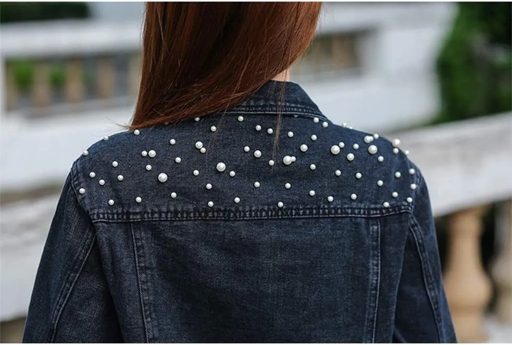 Hixiaohe Women Loose Embroidered Pearls Beading Cropped Denim Jacket Jean Coat