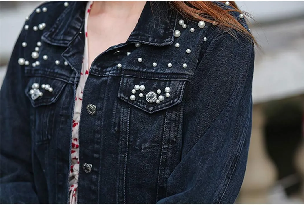 Hixiaohe Women Loose Embroidered Pearls Beading Cropped Denim Jacket Jean Coat