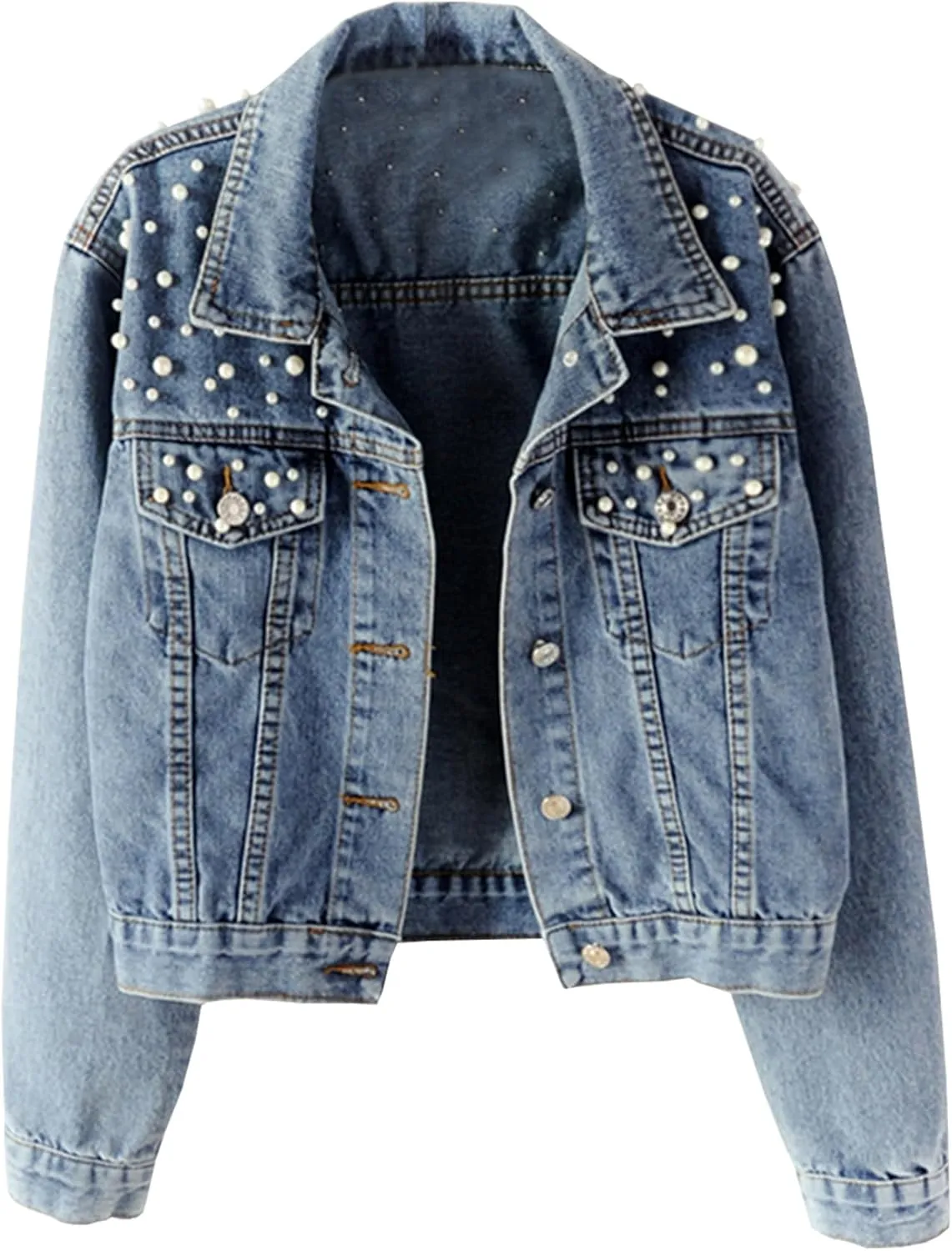 Hixiaohe Women Loose Embroidered Pearls Beading Cropped Denim Jacket Jean Coat