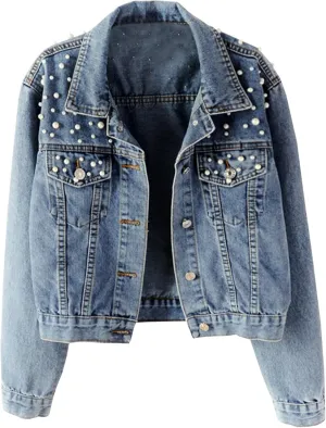 Hixiaohe Women Loose Embroidered Pearls Beading Cropped Denim Jacket Jean Coat