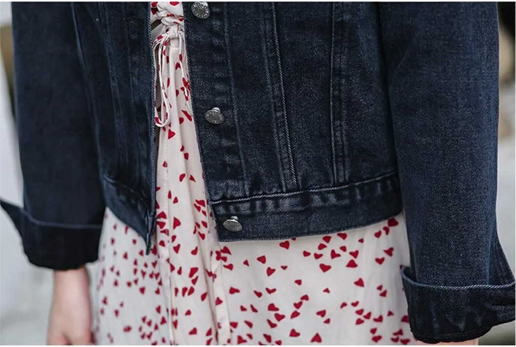 Hixiaohe Women Loose Embroidered Pearls Beading Cropped Denim Jacket Jean Coat
