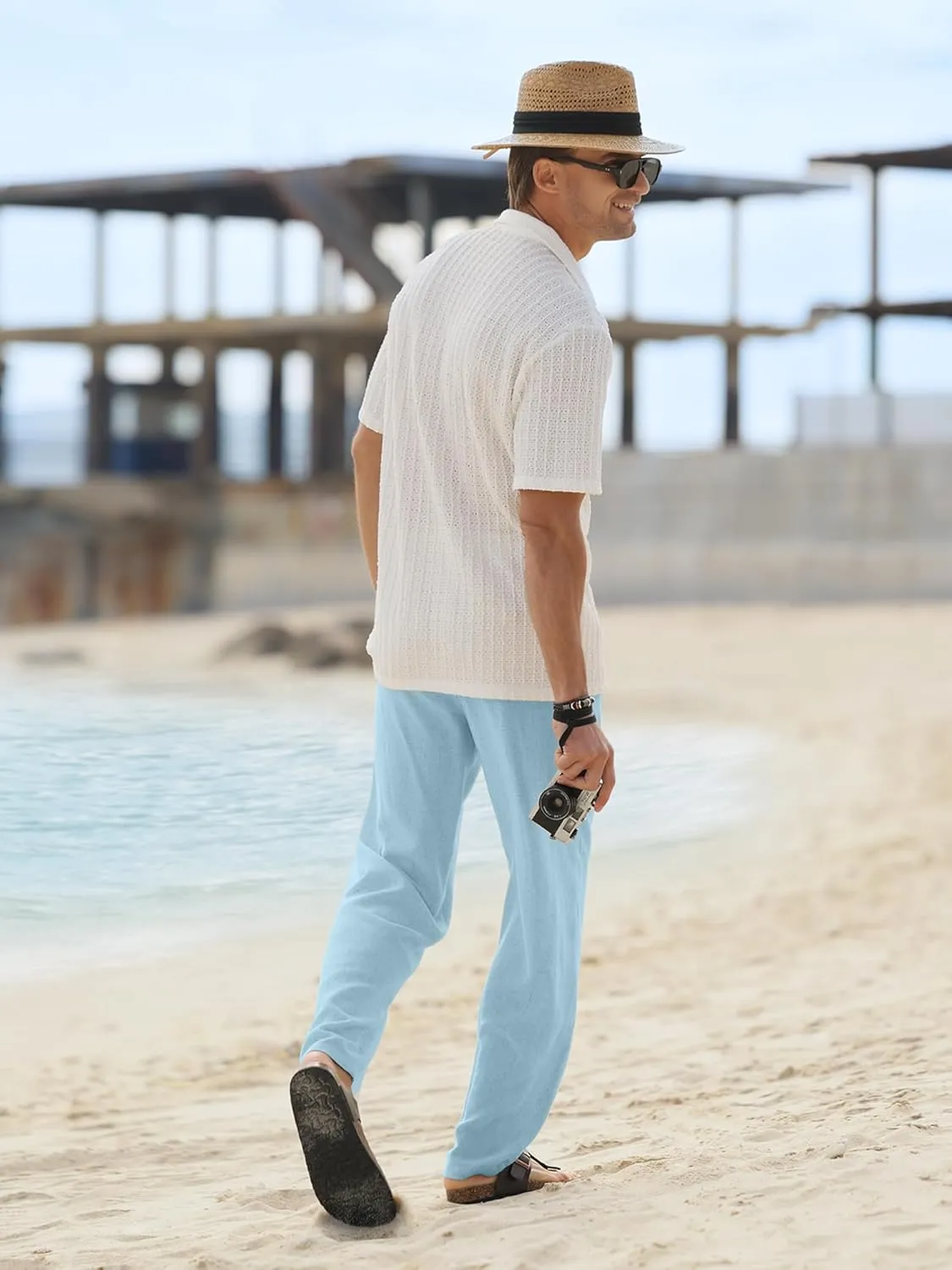 HOTake Men's Linen Pants Casual Beach Summer Vacation Linen Dress Pants Loose Fit