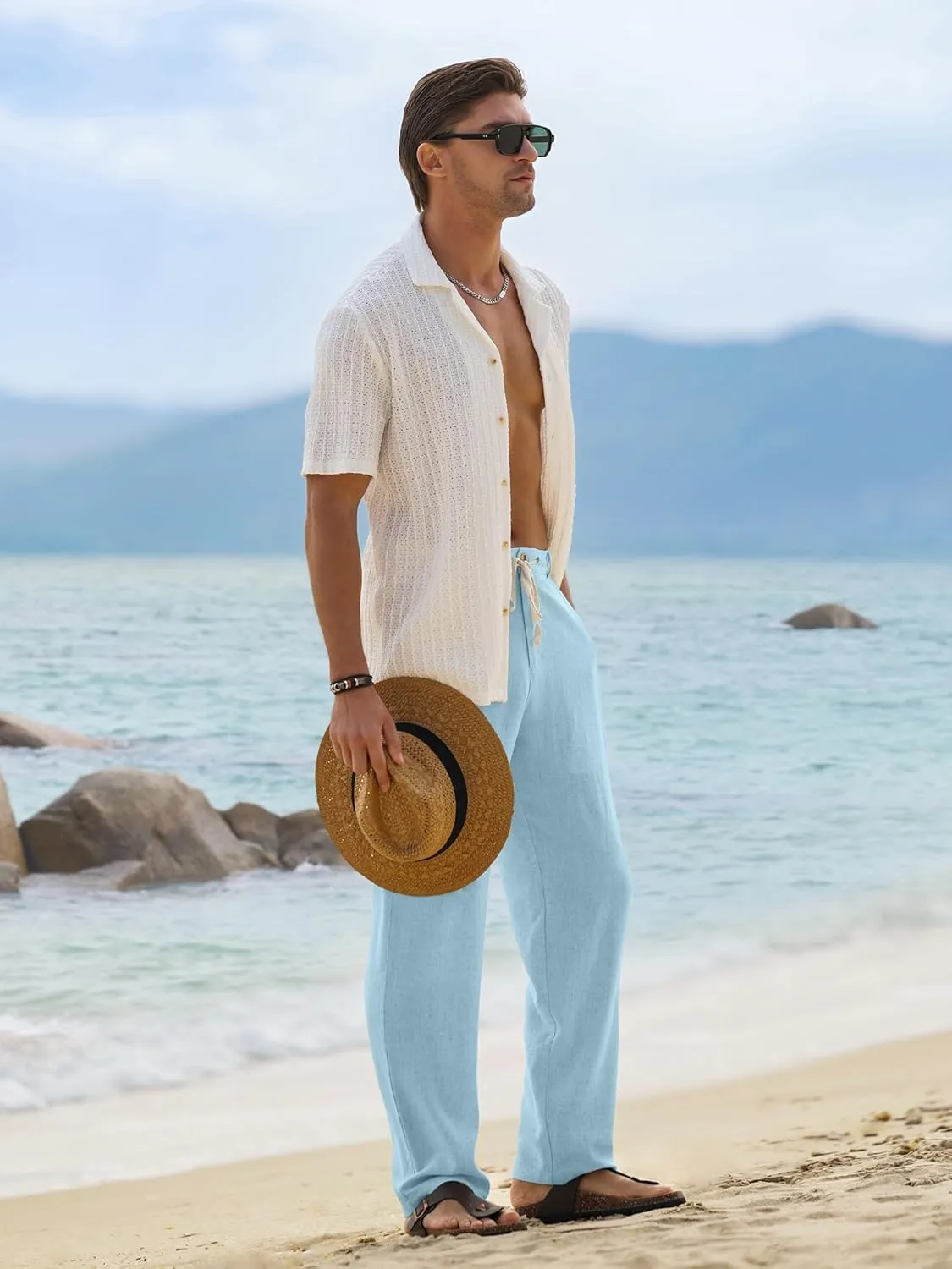 HOTake Men's Linen Pants Casual Beach Summer Vacation Linen Dress Pants Loose Fit
