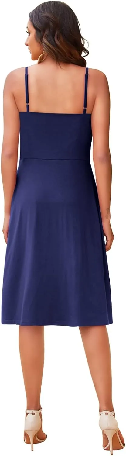 Hount Womens Summer Casual Dresses Spaghetti Strap Button Down Boho Beach Midi Sundress with Pockets