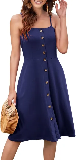 Hount Womens Summer Casual Dresses Spaghetti Strap Button Down Boho Beach Midi Sundress with Pockets
