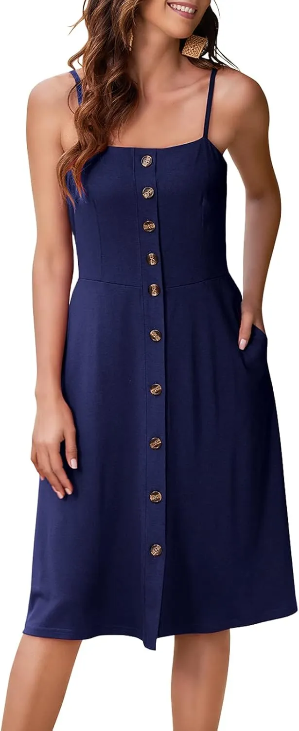 Hount Womens Summer Casual Dresses Spaghetti Strap Button Down Boho Beach Midi Sundress with Pockets