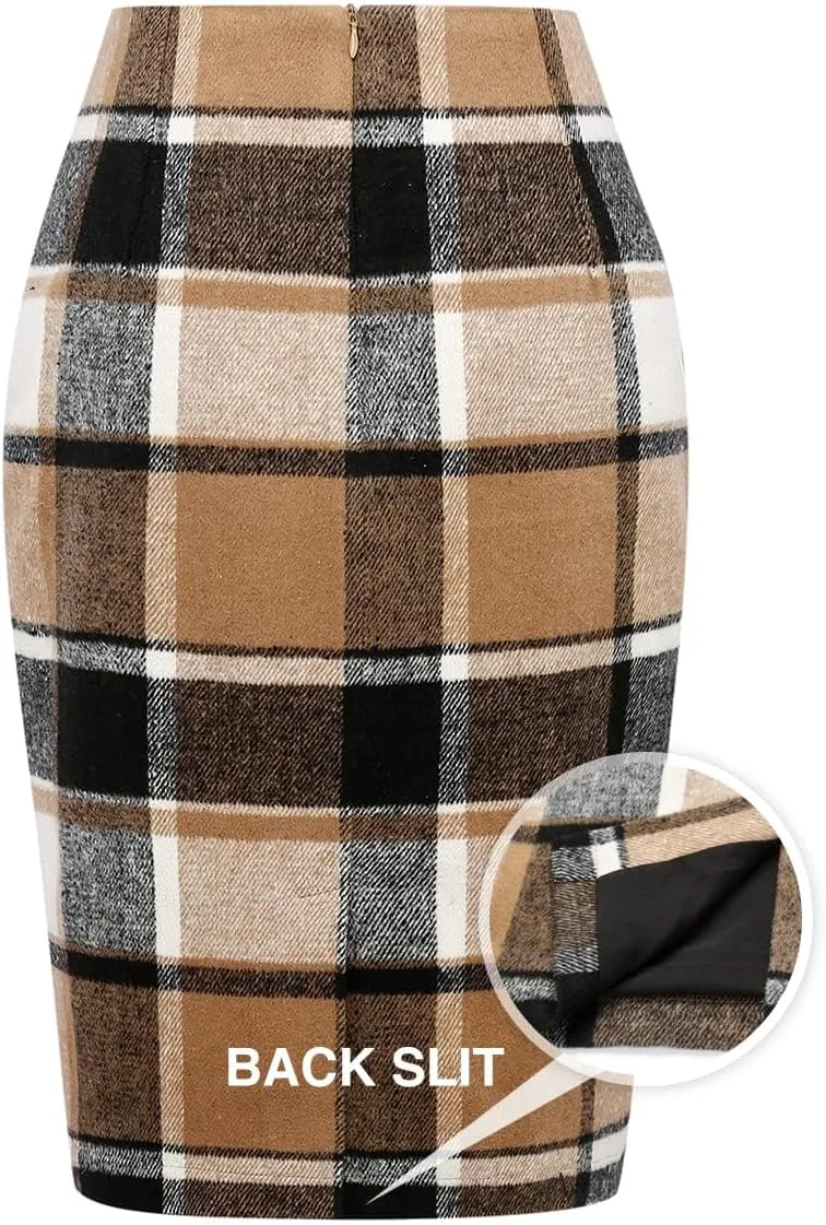 IDEALSANXUN Midi Plaid Skirts for Women Fall Winter Knee Length Pencil Wool Skirt with Slit