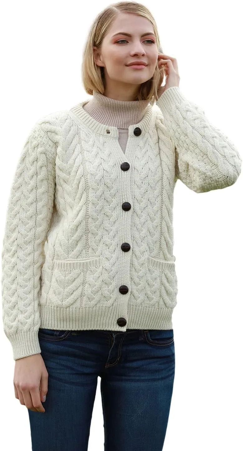 Irish Cardigan Sweater for Women Made in Ireland Supersoft Aran Merino Wool Lumber Jacket
