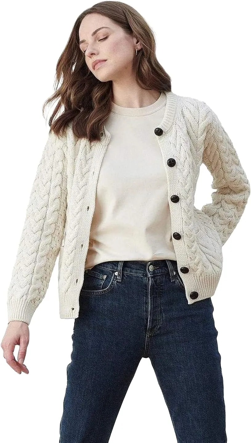 Irish Cardigan Sweater for Women Made in Ireland Supersoft Aran Merino Wool Lumber Jacket