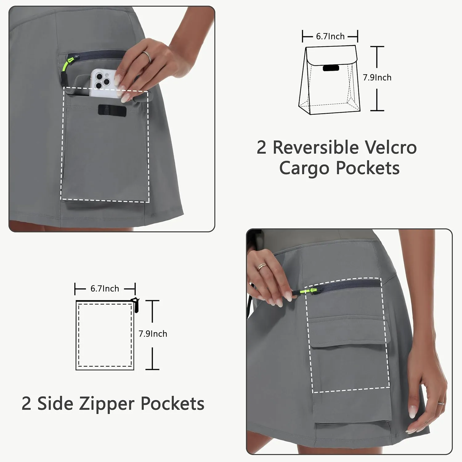 JWM Women's Hiking Cargo Skort Skirt High Waisted Golf Workout with Zipper Pockets Tummy Control Quick Dry Water Resistant