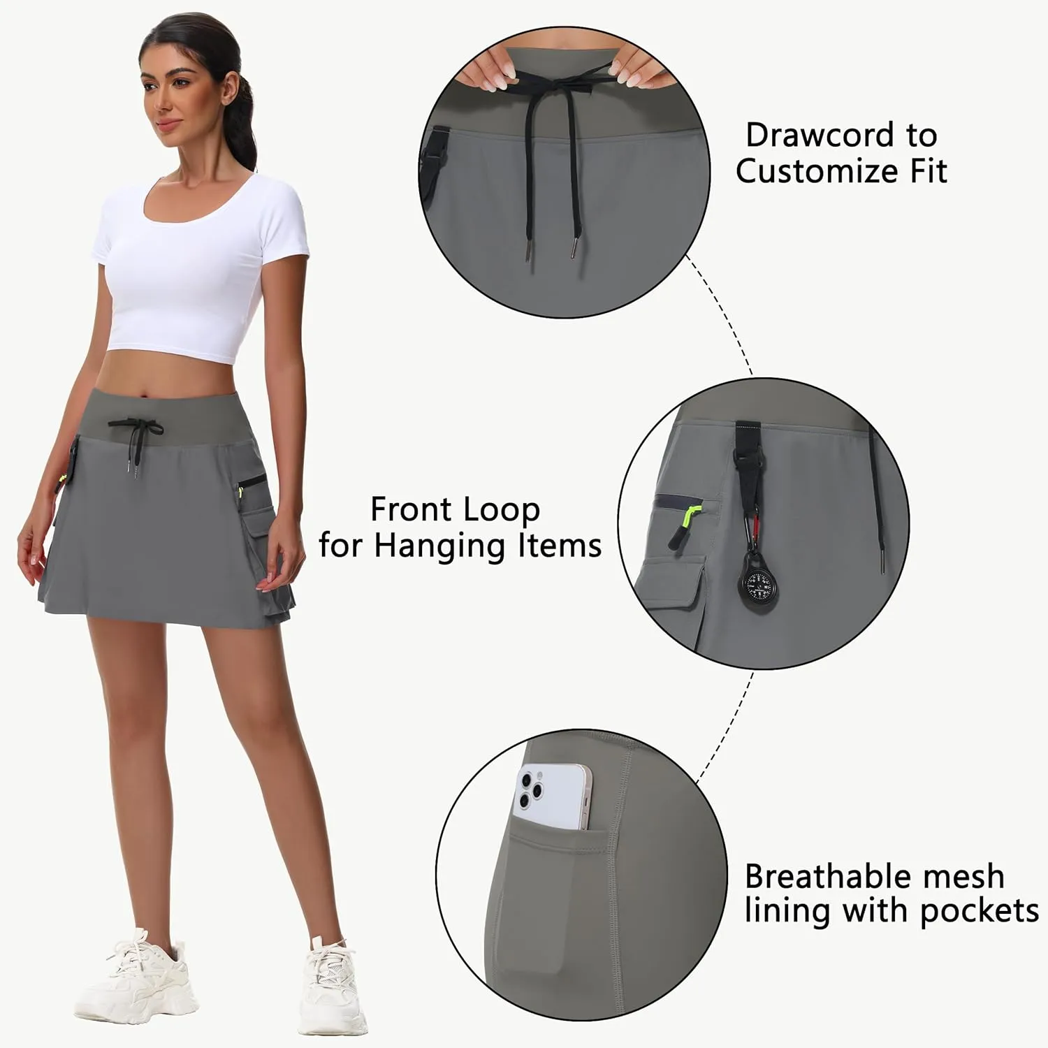 JWM Women's Hiking Cargo Skort Skirt High Waisted Golf Workout with Zipper Pockets Tummy Control Quick Dry Water Resistant