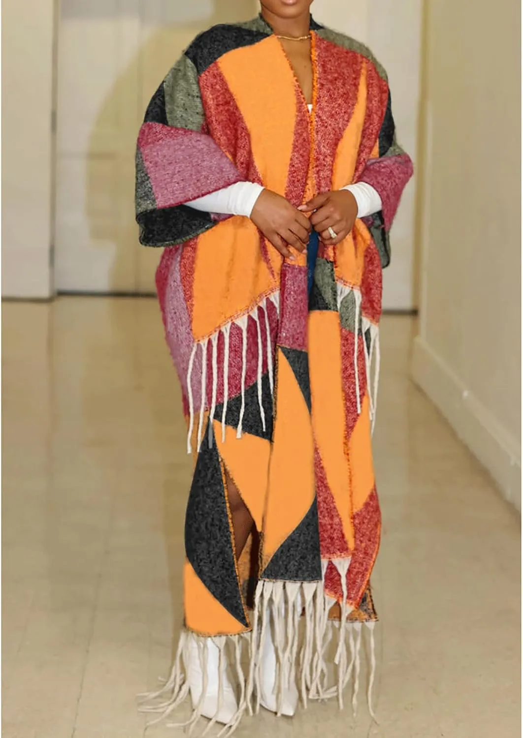 KANSOON Long Cardigans for Women Trendy Knit Sweater Color Block Fringes Open Front 3/4 Sleeve Maxi Tassels Coats