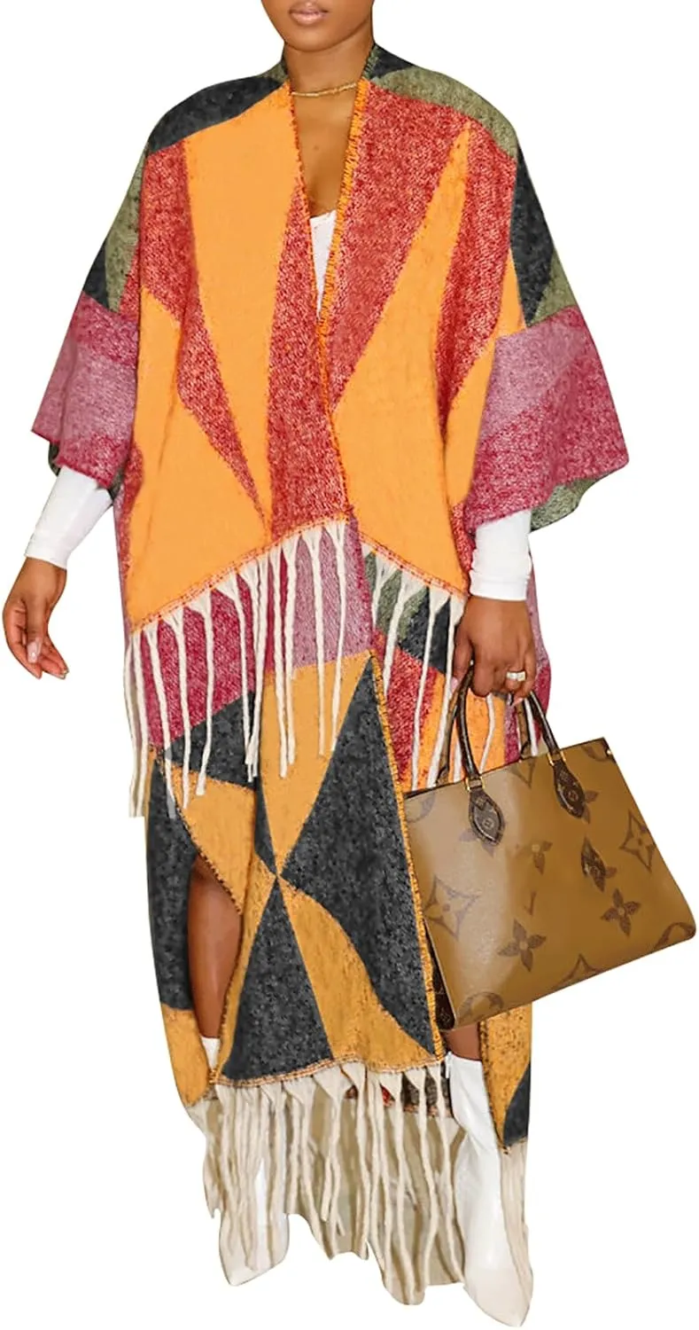KANSOON Long Cardigans for Women Trendy Knit Sweater Color Block Fringes Open Front 3/4 Sleeve Maxi Tassels Coats