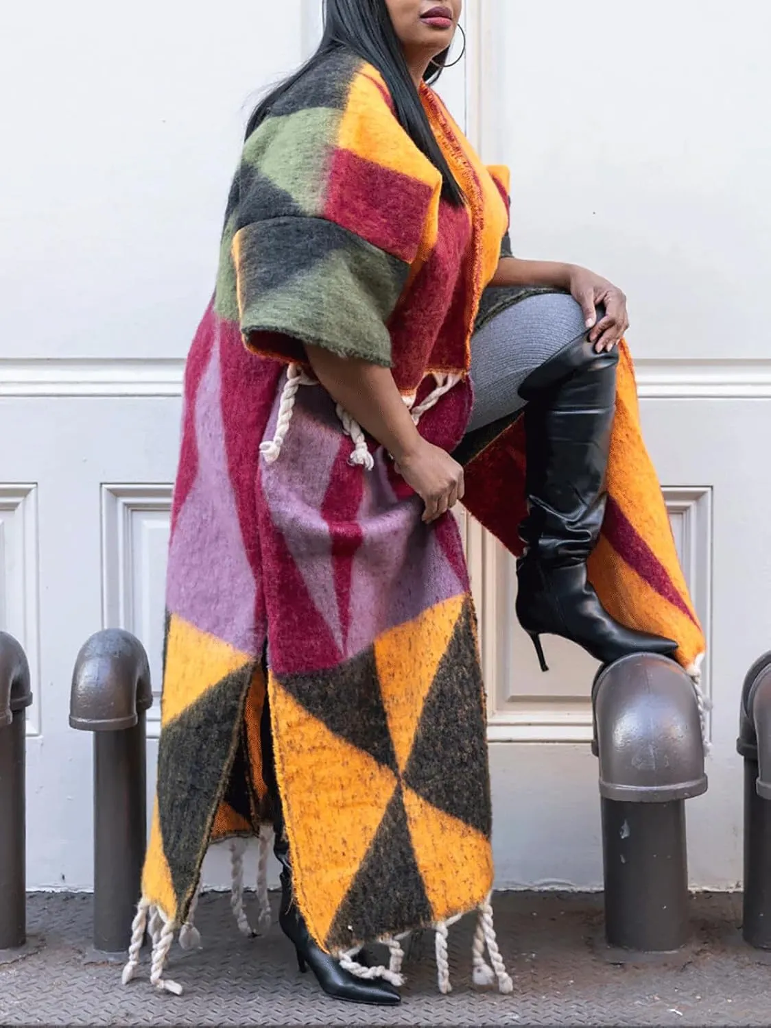 KANSOON Long Cardigans for Women Trendy Knit Sweater Color Block Fringes Open Front 3/4 Sleeve Maxi Tassels Coats
