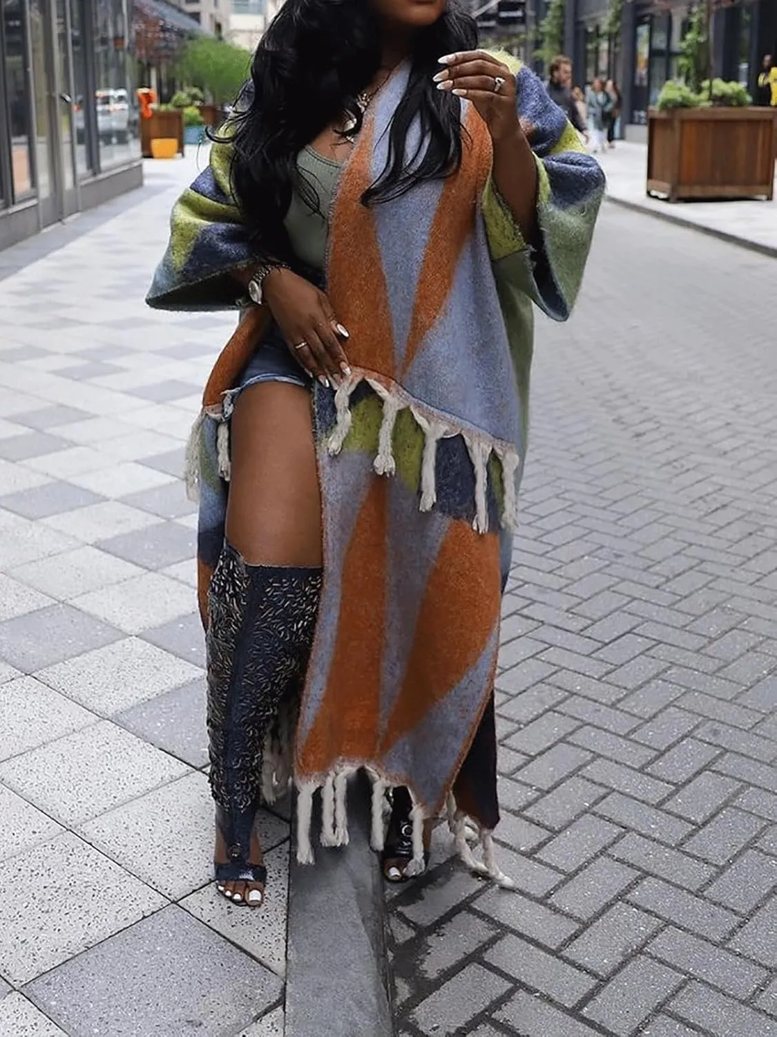KANSOON Long Cardigans for Women Trendy Knit Sweater Color Block Fringes Open Front 3/4 Sleeve Maxi Tassels Coats