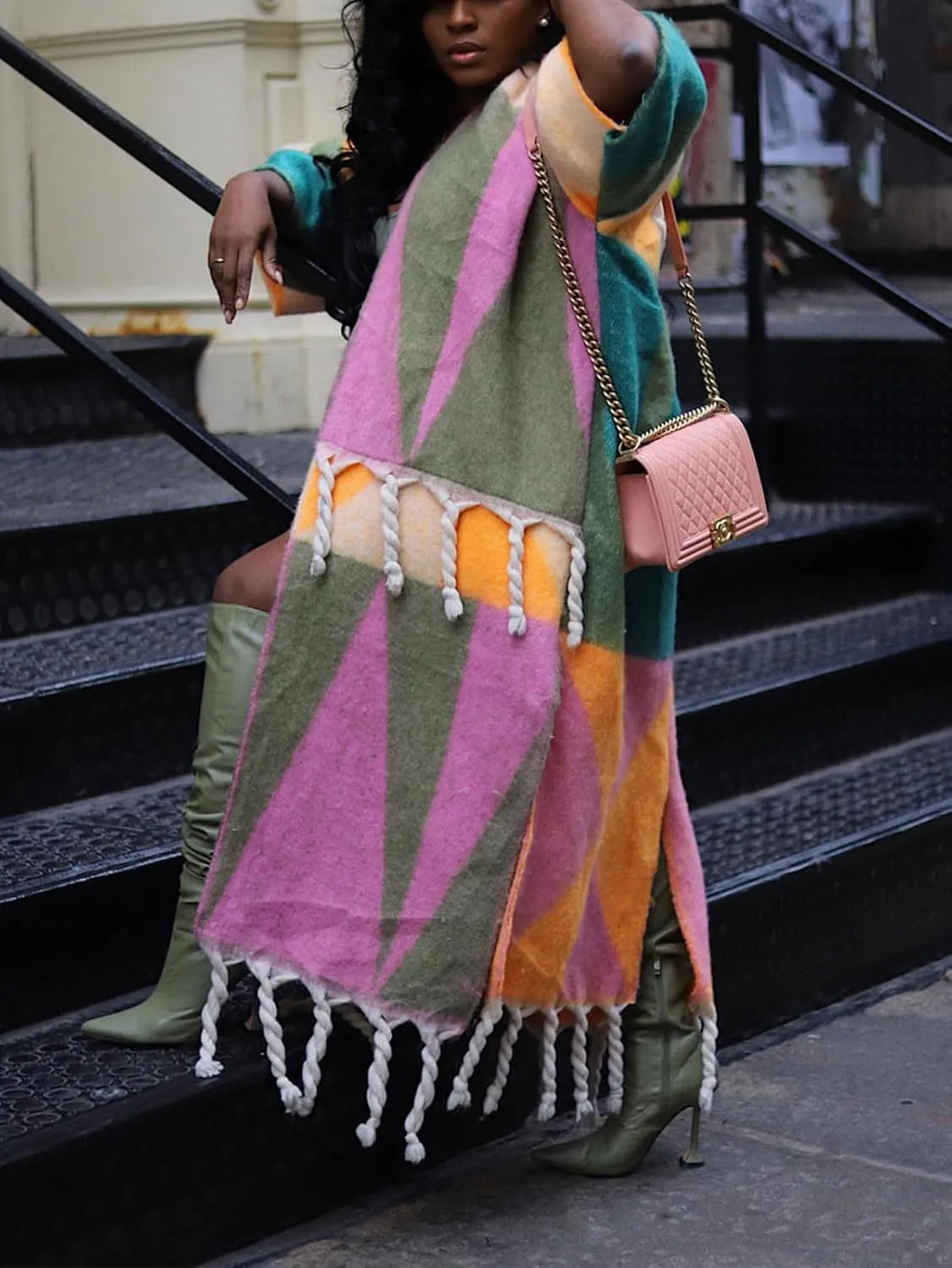 KANSOON Long Cardigans for Women Trendy Knit Sweater Color Block Fringes Open Front 3/4 Sleeve Maxi Tassels Coats