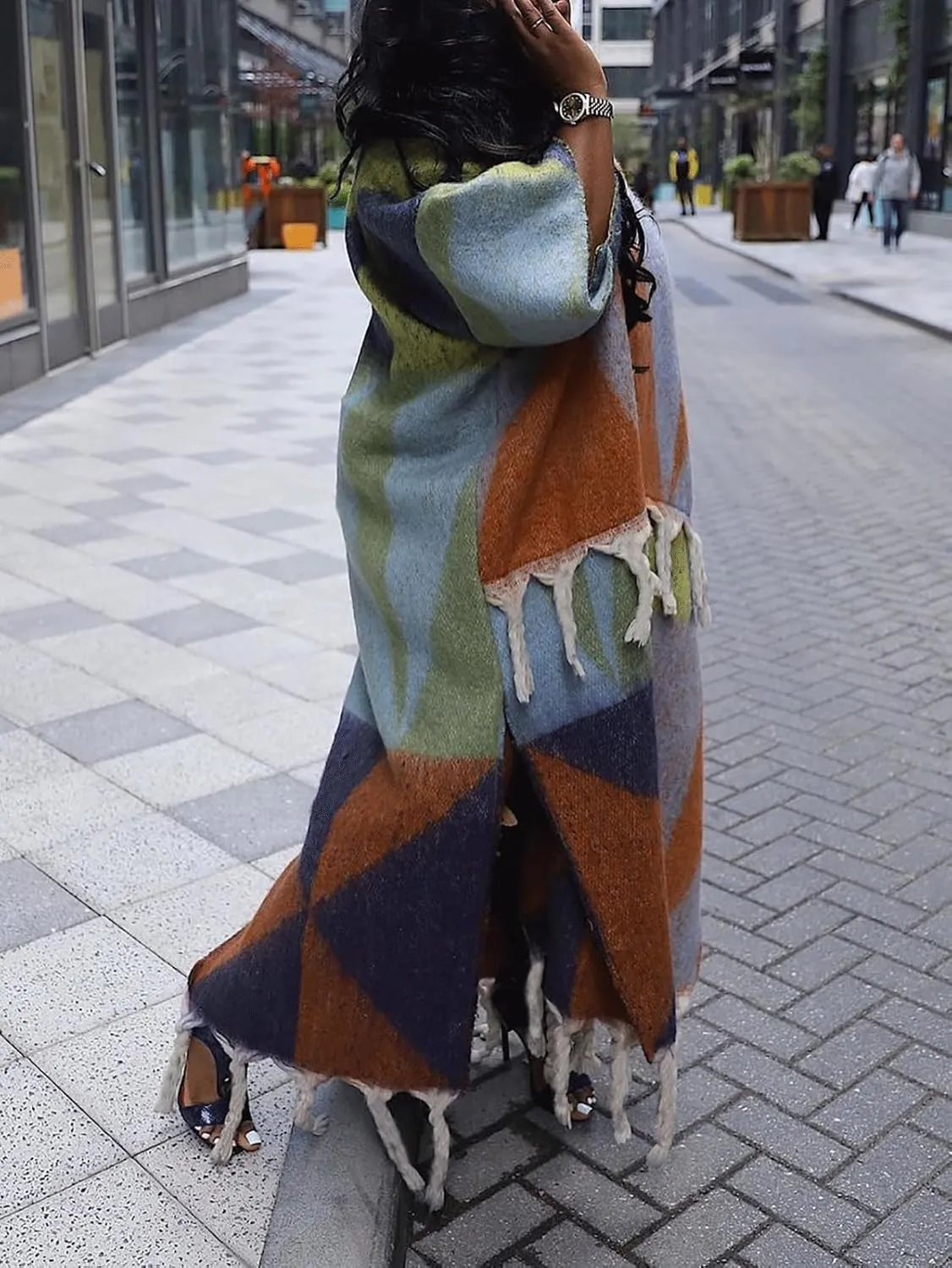 KANSOON Long Cardigans for Women Trendy Knit Sweater Color Block Fringes Open Front 3/4 Sleeve Maxi Tassels Coats