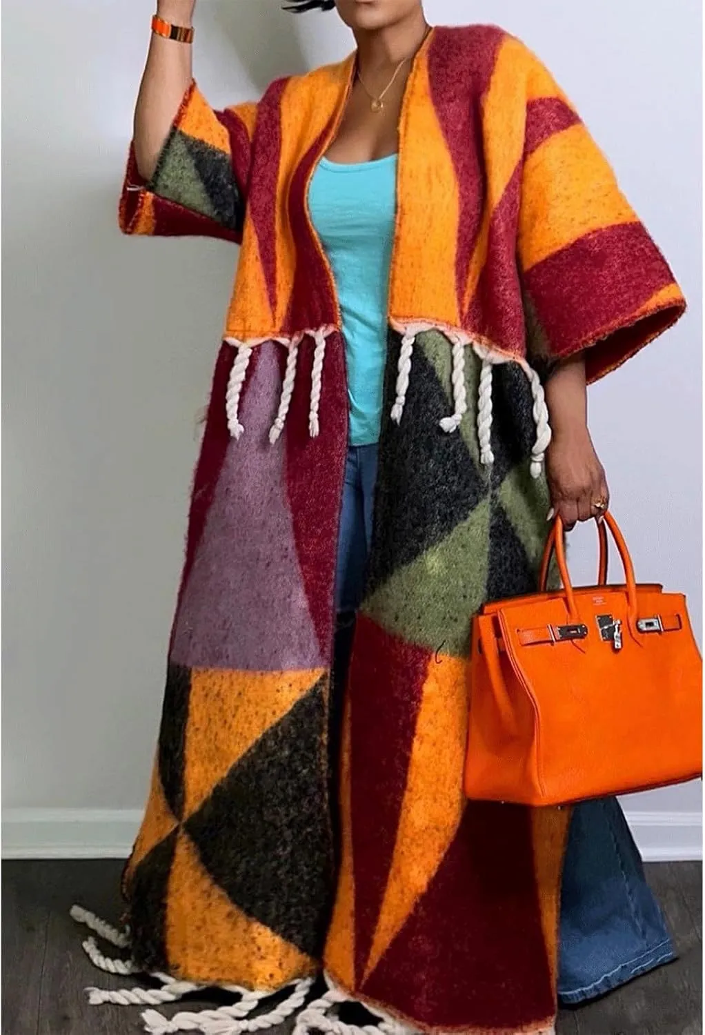 KANSOON Long Cardigans for Women Trendy Knit Sweater Color Block Fringes Open Front 3/4 Sleeve Maxi Tassels Coats