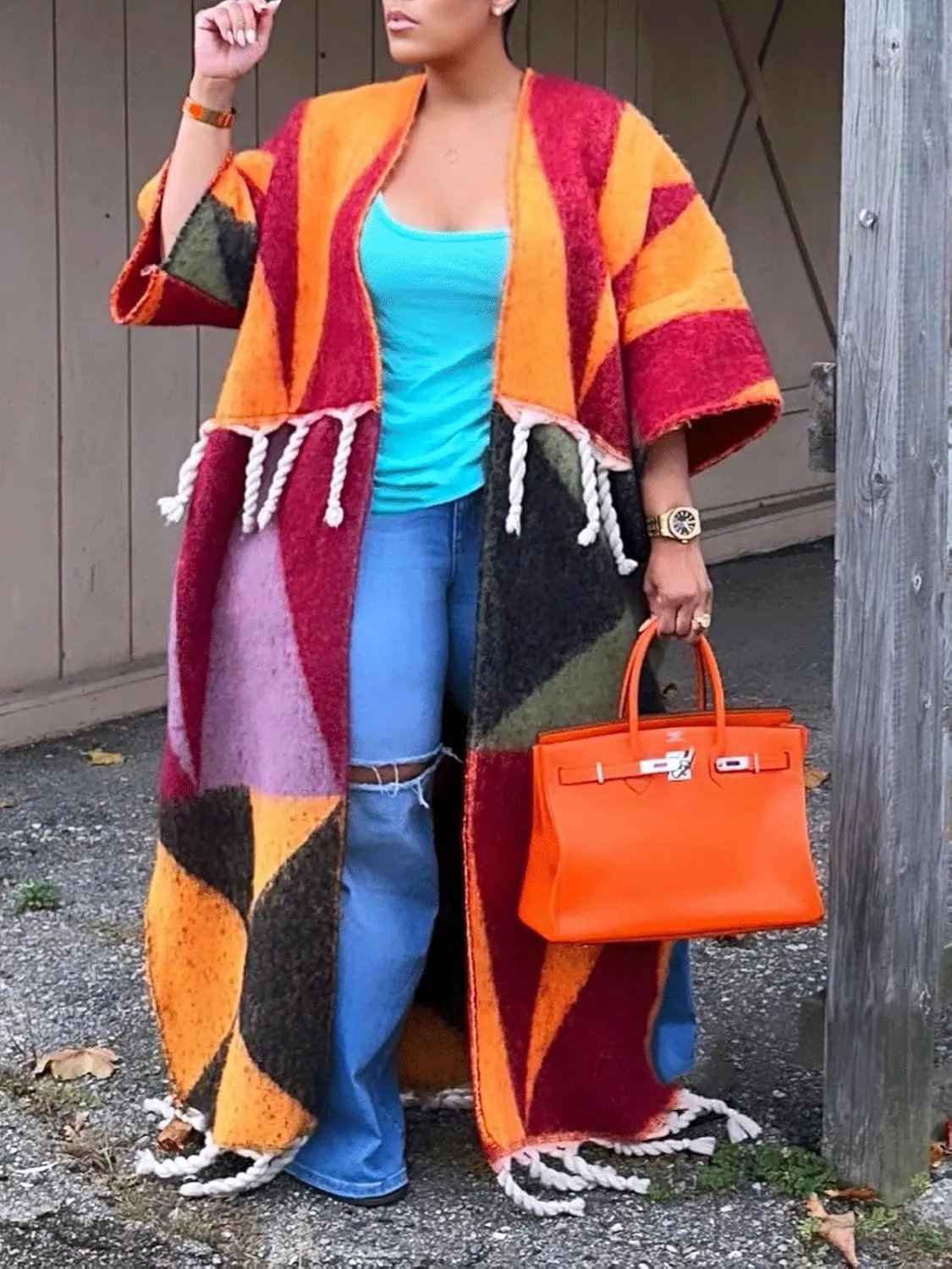 KANSOON Long Cardigans for Women Trendy Knit Sweater Color Block Fringes Open Front 3/4 Sleeve Maxi Tassels Coats