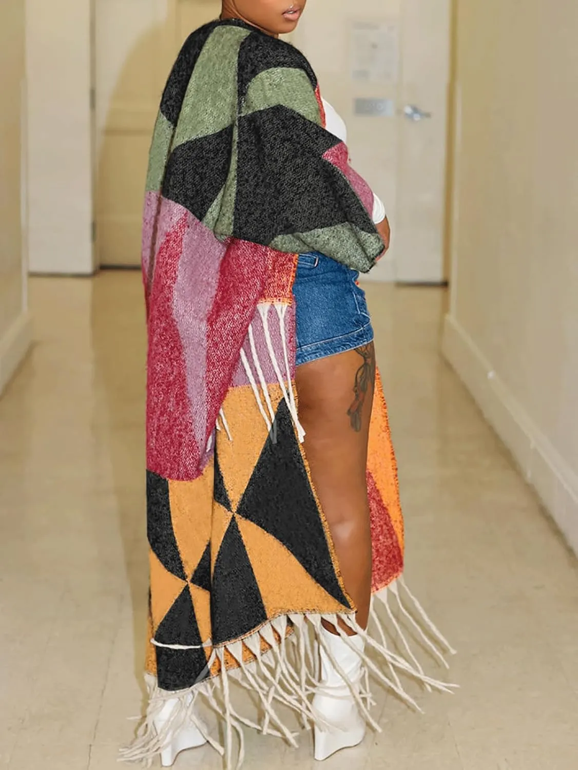 KANSOON Long Cardigans for Women Trendy Knit Sweater Color Block Fringes Open Front 3/4 Sleeve Maxi Tassels Coats